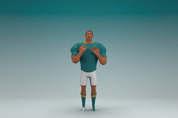 An athlete wearing a green shirt and white pants  is expression of hand when talking. 3d rendering of cartoon character in acting.