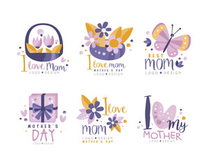 Happy Mothers Day Logo Design with Gift Box, Heart and Floral Purple Element Vector Set