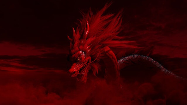Flying Chinese Dragon against a Red Cloudy Sky. New Year Concept with copy-space.