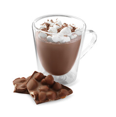 Glass cup of delicious hot chocolate with marshmallows on white background