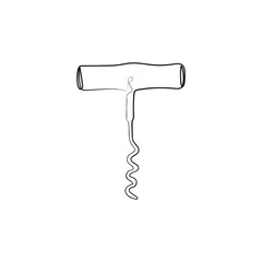 Corkscrew in one line drawing style. Opener for alcoholic beverages. Metal spiral and wooden handle. Bottle-screw or wine bottle opener. Hand drawn vector illustration.