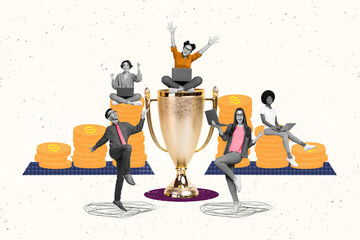 Creative collage of excited successful people black white effect celebrate victory cup pile stack...
