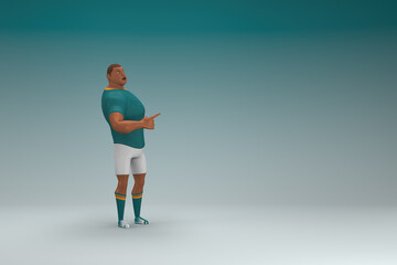 Fototapeta na wymiar An athlete wearing a green shirt and white pants is expression of hand when talking. 3d rendering of cartoon character in acting.