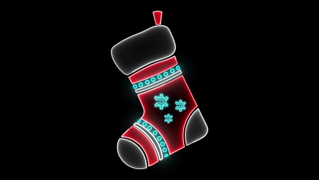 Animated Neon Decorative Christmas Sock with Snowflakes Decorations isolated on Black Background Christmas Sock Design Element. Isolated 4k Red and Blue Glowing Led Light Ornamental Christmas sock. 