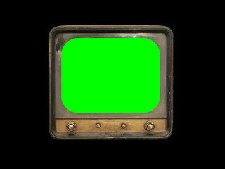 A retro vintage TV from the 1940s (wartime television), showing a convex green screen. Location: old room, completely dark. Front shot.
