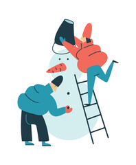 A guy and a girl in down jackets sculpt and decorate a snowman. The character, standing on the stairs, puts a bucket on the snowman's head. Flat illustration for printing postcards, posters.