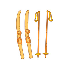 Pair of skis with sticks. Winter sport, leisure and outdoor activity. Colorful vector isolated illustration hand drawn doodle design element, outdoor equipment. Contour clip art