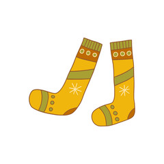 Warm cozy winter yellow socks with snowflakes. Comfortable clothes for cold weather. Winter season. Colorful isolated vector illustration hand drawn doodle. Card or icon, design element contour