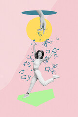 Vertical collage image of excited black white gamma girl have fun big arm hole throw melody symbol isolated on drawing background