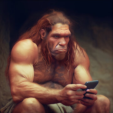 caveman using smartphone
