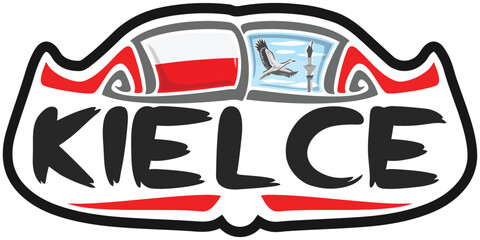 Kielce Poland Flag Travel Souvenir Sticker Skyline Landmark Logo Badge Stamp Seal Emblem Coat of Arms Vector Illustration SVG EPS
