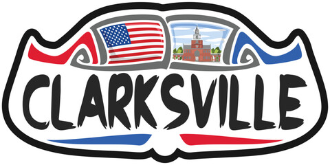 Clarksville USA United States Flag Travel Souvenir Sticker Skyline Landmark Logo Badge Stamp Seal Emblem Coat of Arms Vector Illustration SVG EPS