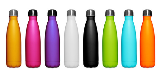 Set with different stylish closed thermo bottles on white background. Banner design