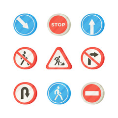 Illustration of various road signs isolated on a white background. Set of road signs, flat design, traffic safety.