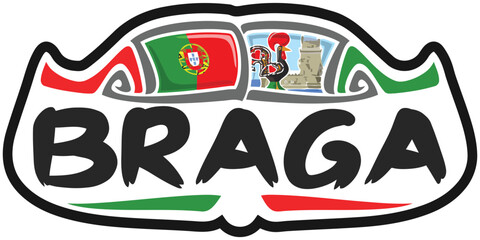 Braga Portugal Flag Travel Souvenir Sticker Skyline Landmark Logo Badge Stamp Seal Emblem Coat of Arms Vector Illustration SVG EPS