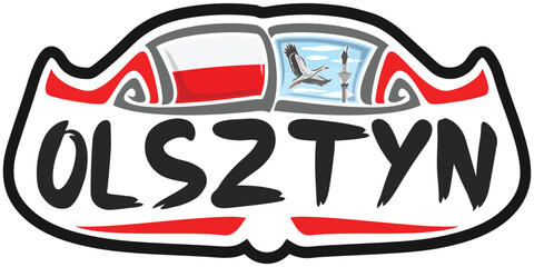 Olsztyn Poland Flag Travel Souvenir Sticker Skyline Landmark Logo Badge Stamp Seal Emblem Coat of Arms Vector Illustration SVG EPS