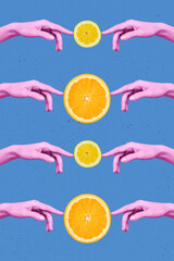 3d retro abstract creative collage artwork template of arms sharing citrus fruits isolated painting...