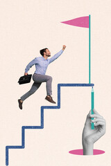 Vertical collage image of excited black white colors guy run climb big arm drawing pencil stairs...