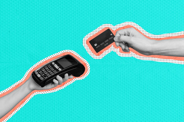 Collage 3d image of pinup pop retro sketch of hands holding credit card paying terminal black...