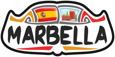Marbella Spain Flag Travel Souvenir Sticker Skyline Landmark Logo Badge Stamp Seal Emblem Coat of Arms Vector Illustration SVG EPS