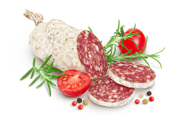 Cured salami sausage slices isolated on white background. Italian cuisine with full depth of field