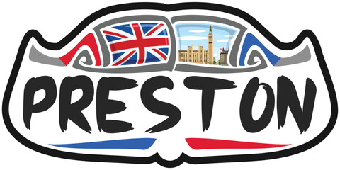 Preston UK United Kingdom Flag Travel Souvenir Sticker Skyline Landmark Logo Badge Stamp Seal Emblem Coat of Arms Vector Illustration SVG EPS
