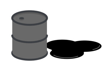 Crude oil drum and spilled crude oil. Vector.