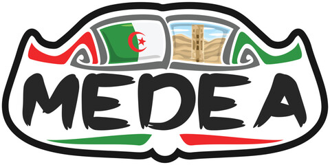 Medea Algeria Flag Travel Souvenir Sticker Skyline Landmark Logo Badge Stamp Seal Emblem Coat of Arms Vector Illustration SVG EPS