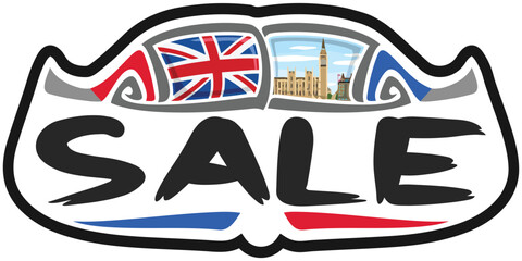 Sale UK United Kingdom Flag Travel Souvenir Sticker Skyline Landmark Logo Badge Stamp Seal Emblem Coat of Arms Vector Illustration SVG EPS