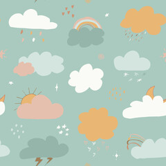 multicolored clouds stars sequins seamless pattern. Cute clouds seamless pattern, cartoon background with star dots, vector illustration