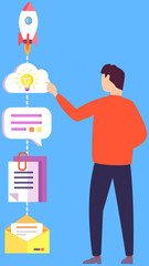 Business startup launch and entrepreneurship. Rocket as symbol of new project. Man planning new idea development. Work with technology, progress management and creative plan, mind map concept