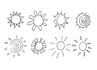 black Sun icon set doodle. Vector flat design. Collection of sun stars for use in as logo or weather icon.