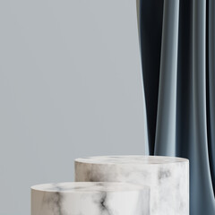 Marble stone podiums with curtain, cosmetics product display stand, empty pedestal. 3d rendering.