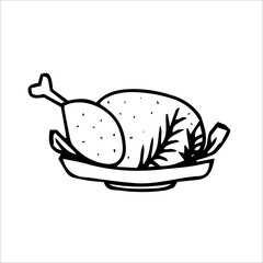 Simple turkey meat illustration. Turkey on a plate in doodle style. Vector illustration. Decor element for Crhistmas.