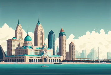 Naklejka premium Panorama of the skyline and architecture of Qingdao. Generative AI