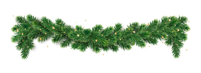 Christmas tree garland isolated on white. Realistic pine tree branches with golden confetti decoration.
