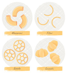 Italian national cuisine pasta cafe banner. For store ad, restaurant menu, dinner logo. Italian pasta inscription and datalini macaroni set noodles on vintage retro background. Pasta, traditional dish