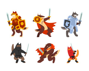 Warlike Animal Characters Fighting with Sword and Saber Wearing Cloak and Holding Shield Vector Set