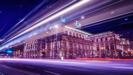 Long exposure of traffic lights and the beautiful building in Vienna city center