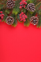 Christmas tree branches with cones on a red background