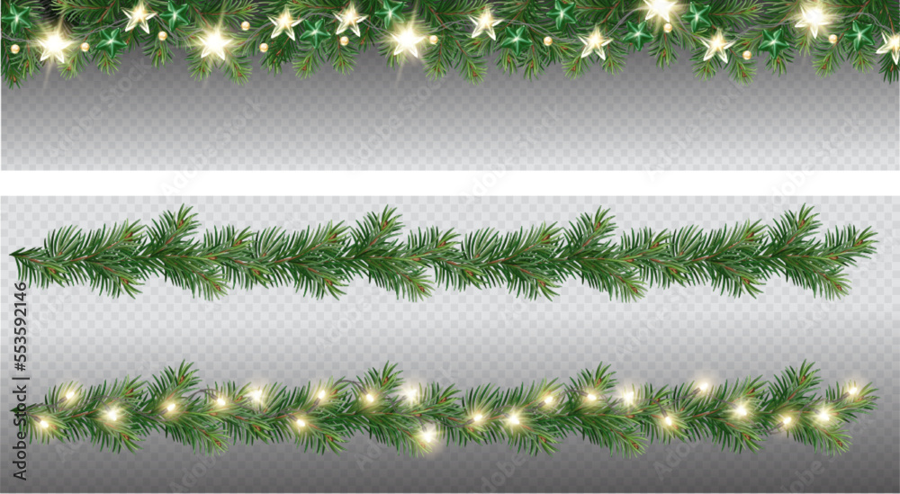 Wall mural vector border with green fir branches and with festive decoration elements on transparent background