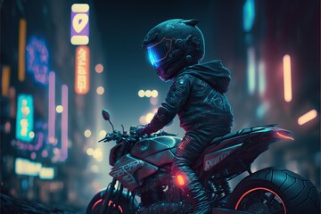 Small child riding a motorbike in a cyberpunk city