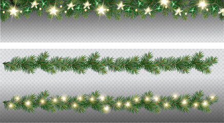 Vector border with green fir branches and with festive decoration elements on transparent background. Christmas tree garland with fir branches and lights.
- 553592146