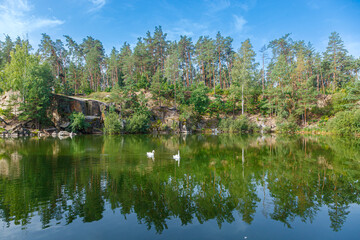 beautiful lake with a canyon on which swans swim with a blue sky