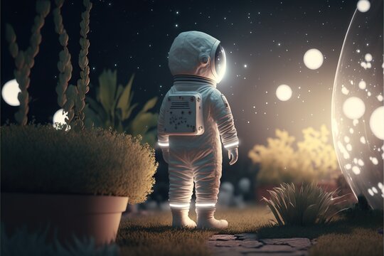 Child pretending to be astronaut in the garden, looking up at the night sky with stars