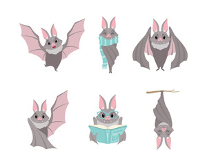 Funny Gray Bat with Cute Snout Flying, Reading Book, Wearing Scarf and Hanging on Tree Branch Vector Set