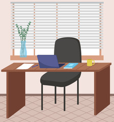 Organization workplace of employee. Design of worspace room, space for working in office. Arrangement of furniture table with computer and chair in interior. Place for working with technology at home