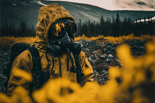 Man in yellow hazmat suit and black gas mask in the Norwegian wilderness