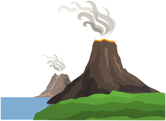 Strong jet of effluent hot lava. Erupting rock pinnacle volcano disaster with burning fire. Volcanic eruption mountain with magma in exotic village. Volcano with lava on tourist tropical island
