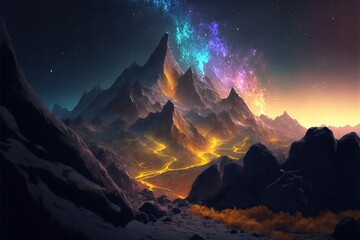 Mountain landscape scenery on starry night with cosmic nebula above mountains